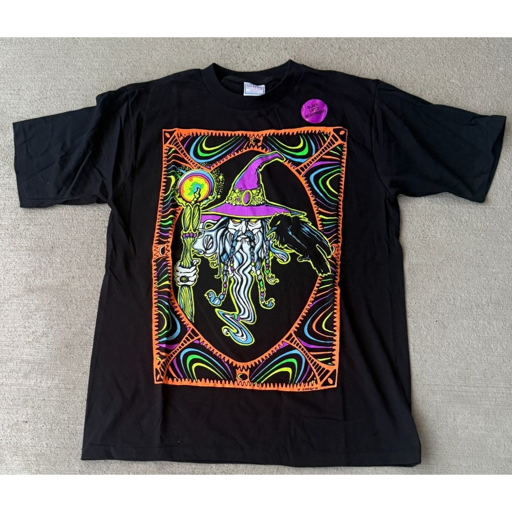 All Sport Maxweight Unisex T-Shirt Black Psychedelic‎ Wizard Print USA Made L 44